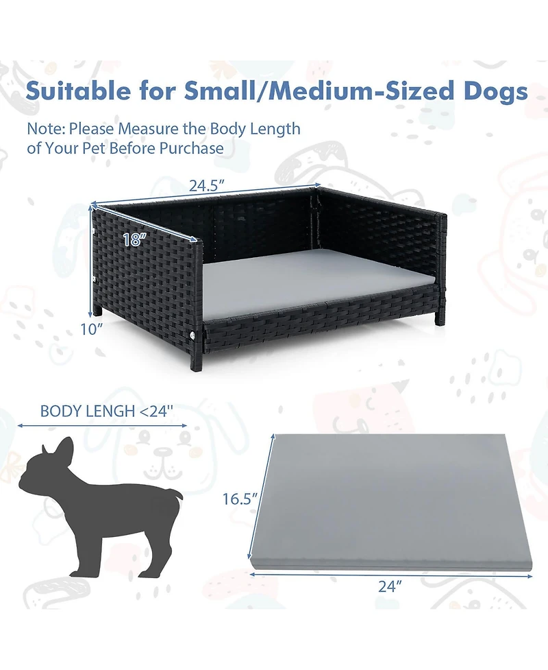 Gymax Rattan Dog Bed w/ Waterproof Soft Cushion Metal Frame for Medium Small Dogs Cats