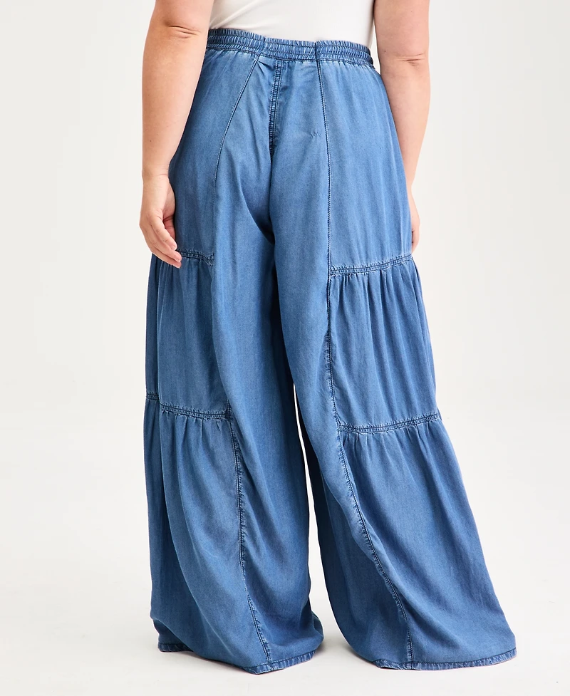 Madden Girl Trendy Plus Pull-On Wide-Leg Chambray Pants