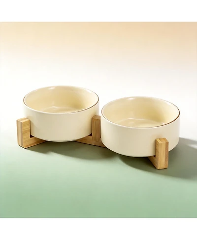 Aronkl Ceramic Dog Cat Bowl Set with Wooden Stand Modern Weighted Food Water