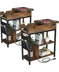 gaomon Side Table with Charging Station, Rustic Brown End Table with Flip Top, Usb Ports & Outlets, Narrow Nightstand with Storage Shelf for Small