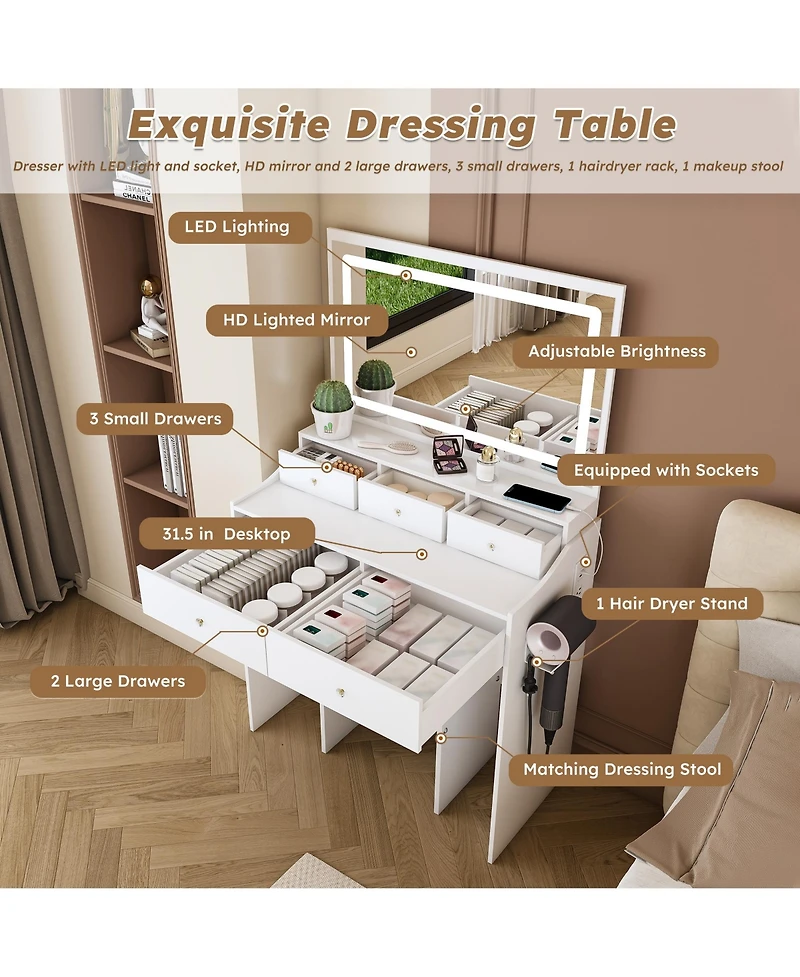 Flynama Large Mirror Makeup Vanity Set with Power Outlet Hair Dryer Holder 5 Drawers 3 Lighting Modes Dressing Table for Bedroom