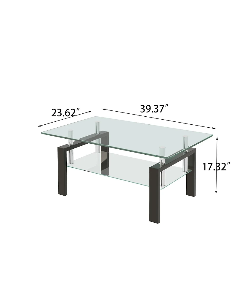 Rainsken Rectangle 2-Tier Glass Coffee Table, Modern Small Center Table with Storage and Metal Legs for Living Room