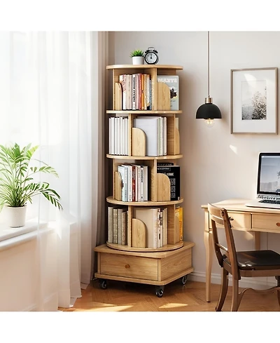 Rainsken 5 Tier Rotating Bookshelf with Drawers On Wheel, 360° Display Spinning Corner Bookcase