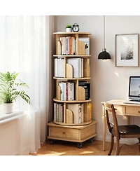 Rainsken 5 Tier Rotating Bookshelf with Drawers On Wheel, 360° Display Spinning Corner Bookcase