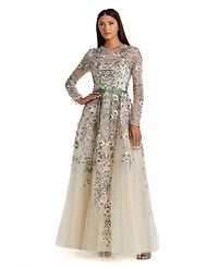 Mac Duggal Women's Long Sleeve Floral Embellished A-Line Gown