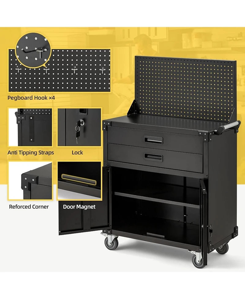 Aecojoy 52'' Work Bench for Garage with Pegboard Drawers and Cabinets Heavy Duty Metal Frame Tool Bench for Organizer Work Table with Wheels