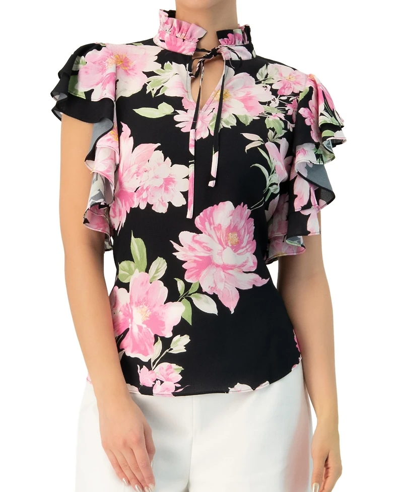 Ivonne Women's Floral Print Blouse with Ruffle Sleeves