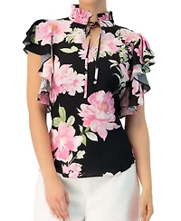 Ivonne Women's Floral Print Blouse with Ruffle Sleeves