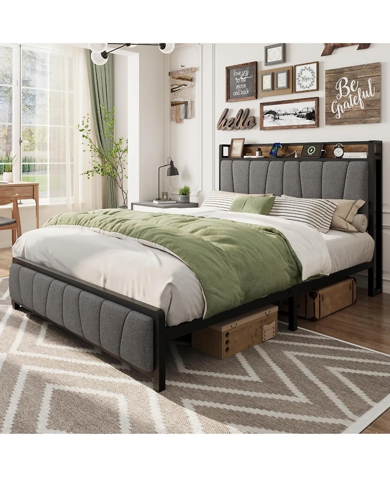 gaomon Full Bed Frame with 2 Drawers Charging Station Rustic Linen Upholstered No Box Spring Needed