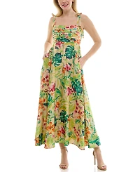 Taylor Women's Tropical Pleated Square Neck A-Line Dress