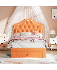 gaomon Twin Bed Frame with Led Lights Velvet Crystal Button Headboard Storage Drawer No Box Spring