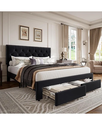 gaomon Bed Frame with 2 Drawers Vintage Velvet Upholstered Platform Wood Slats No Box Spring