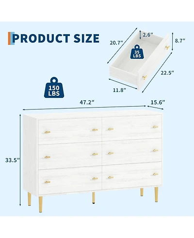 gaomon 6 Drawer Dresser 47.2 Inch Wide Vintage Design Bar Handles for Bedroom