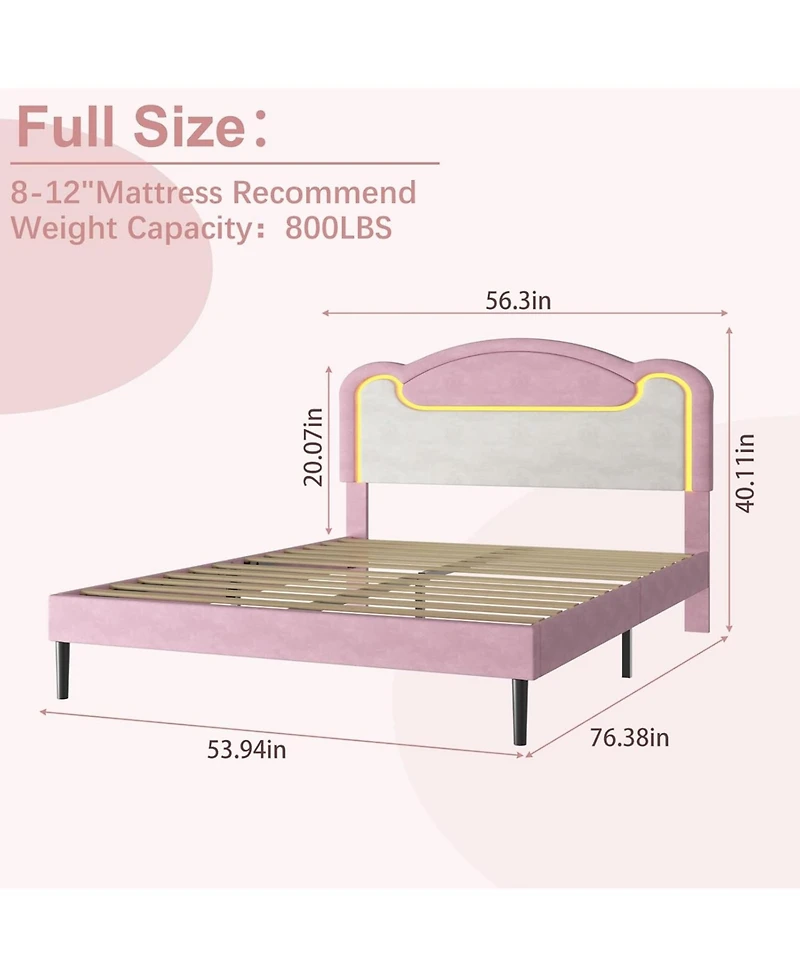 gaomon Full Upholstered Platform Bed with Led and Fabric Headboard, Princess Style, Wood Slats