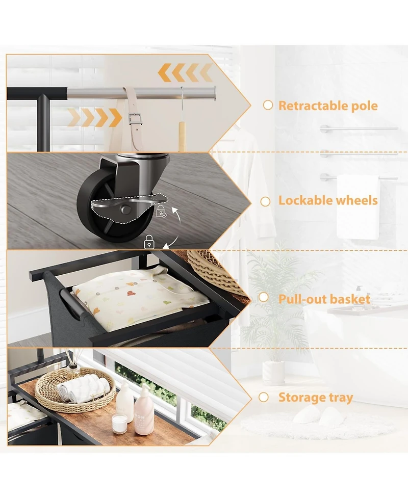 Gaomon Rolling Laundry Sorter Hamper 4 Section Basket with Hanging Rack Plus Wheels Organizer for Laundry Room Rustic