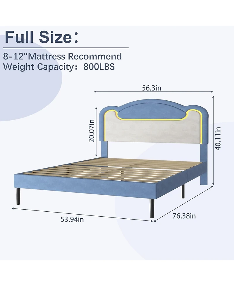 gaomon Led Upholstered Platform Bed, Princess Style, Fabric Headboard, Wood Slats,No Box Spring