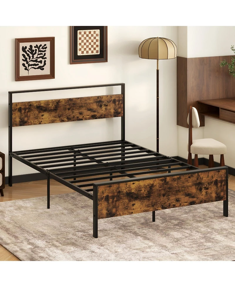Sugift Industrial Metal Platform Bed with Wooden Headboard