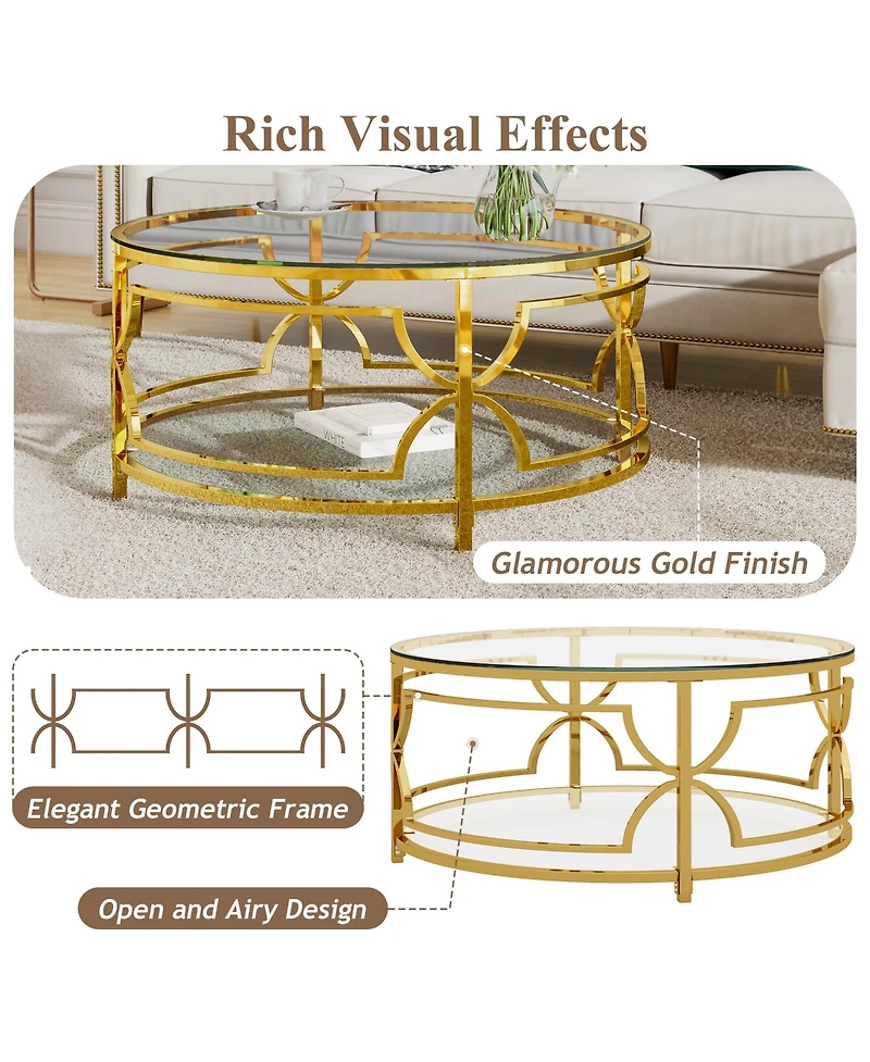 Rainsken Round Tempered Glass Coffee Table, Modern 2-Tier Center Table, Luxurious Geometric Metal Frame for Living Room, Transparent