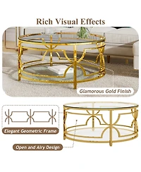 Rainsken Round Tempered Glass Coffee Table, Modern 2-Tier Center Table, Luxurious Geometric Metal Frame for Living Room, Transparent