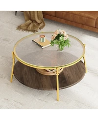Rainsken Modern Round Walnut 2-Tiered Coffee Table