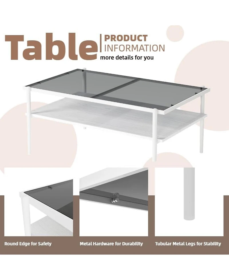 Rainsken Rectangle 2 Tier Coffee Table, Center Table with Gray Tempered Glass Top and Wood Storage Shelf for Living Room, Small Space