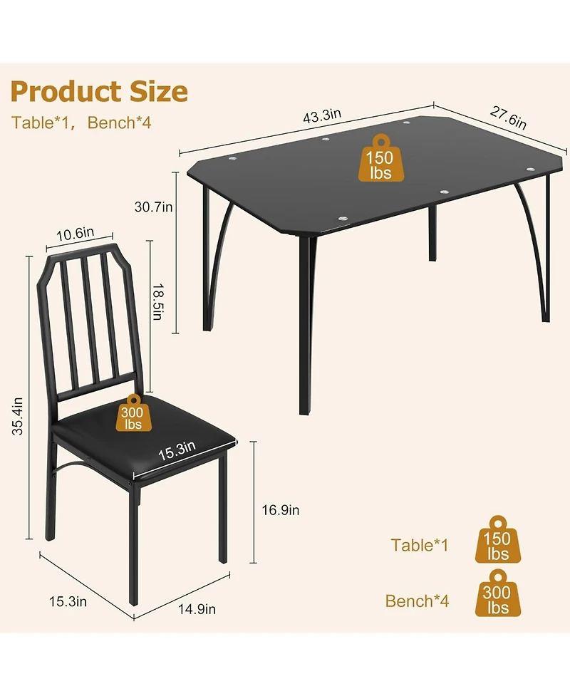 gaomon 5-Piece Dining Table Set for 4, Glass Tabletop, Chamfer Design, Cushion Seats, Kitchen or Dining Room