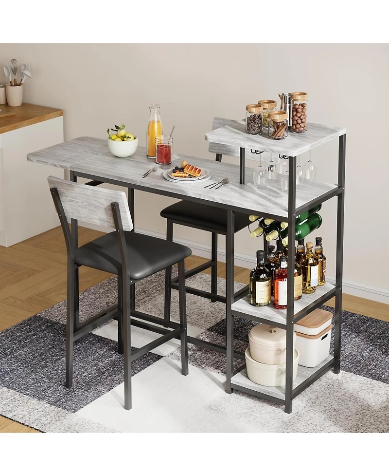 gaomon Expandable Dining Table Set for 2, Bar Table and Chairs with Shelves & Wine Rack, Space-Saving Kitchen Set