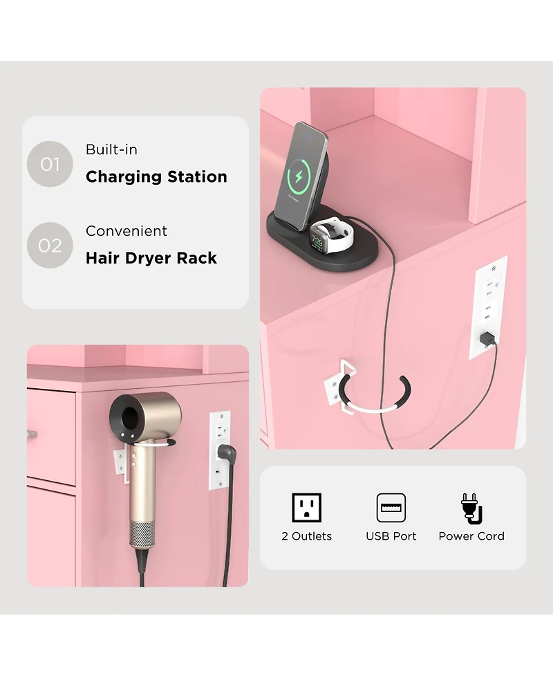 Rainsken Makeup Vanity Table with Led Light Mirror, Charging Station, 2 Drawers and Storage Cabinet