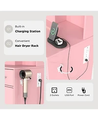 Rainsken Makeup Vanity Table with Led Light Mirror, Charging Station, 2 Drawers and Storage Cabinet