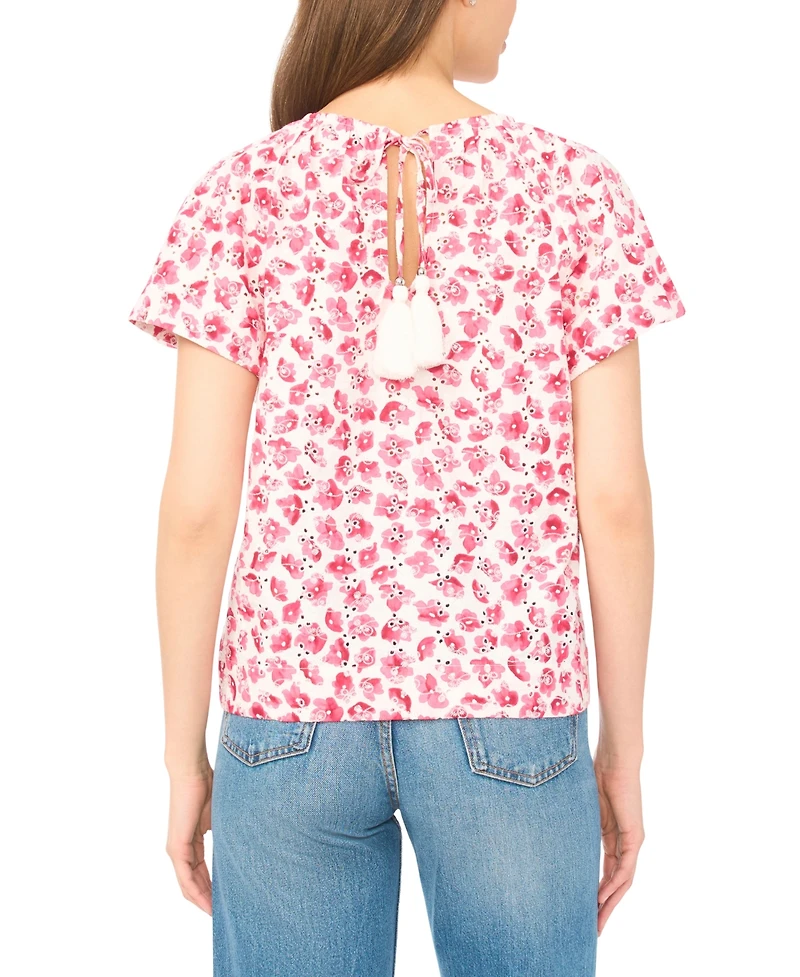CeCe Women's Floral Ruffle-Sleeve Crewneck Cotton Top