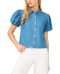 CeCe Women's Collared Puff-Sleeve Button-Up Cotton Top