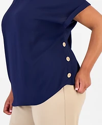 Jones New York Plus Side-Button Boat Neck Top