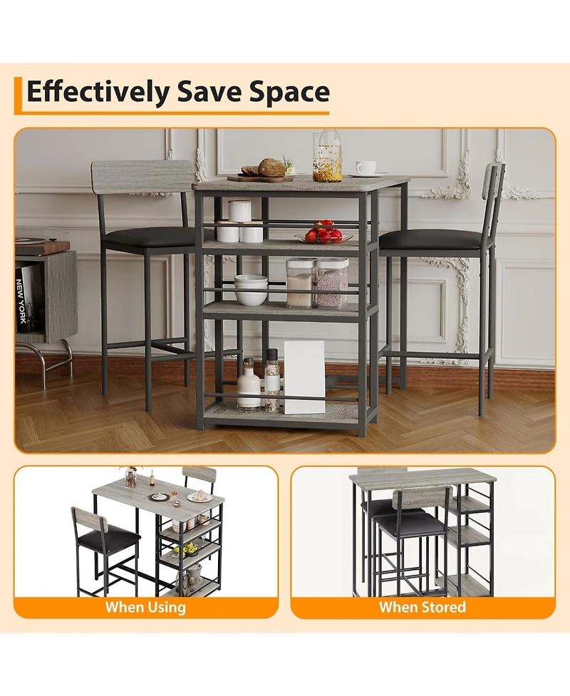 gaomon 3-Piece Bar Table Set, Dining Table & 2 Cushion Stools, Tall Breakfast Nook with Storage Shelves for Apartment