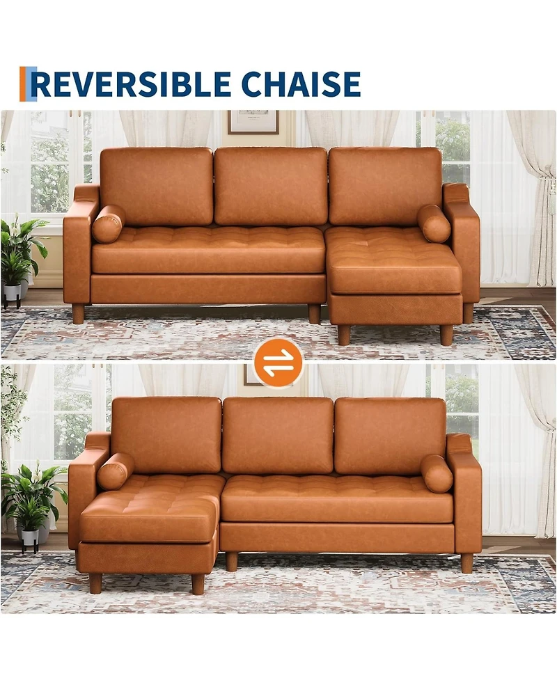 gaomon 88.9" L-Shaped Leather Sofa with Chaise, Mid-Century Modern 3-Seater Couch