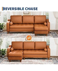 gaomon 88.9" L-Shaped Leather Sofa with Chaise, Mid-Century Modern 3-Seater Couch