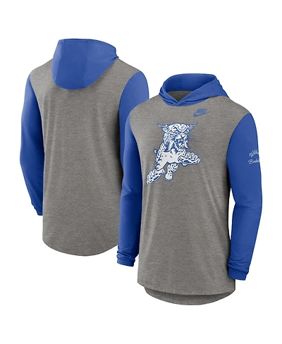 Nike Men's Heather Gray/Royal Kentucky Wildcats Campus Legacy Tri-Blend Long Sleeve Hooded T-Shirt