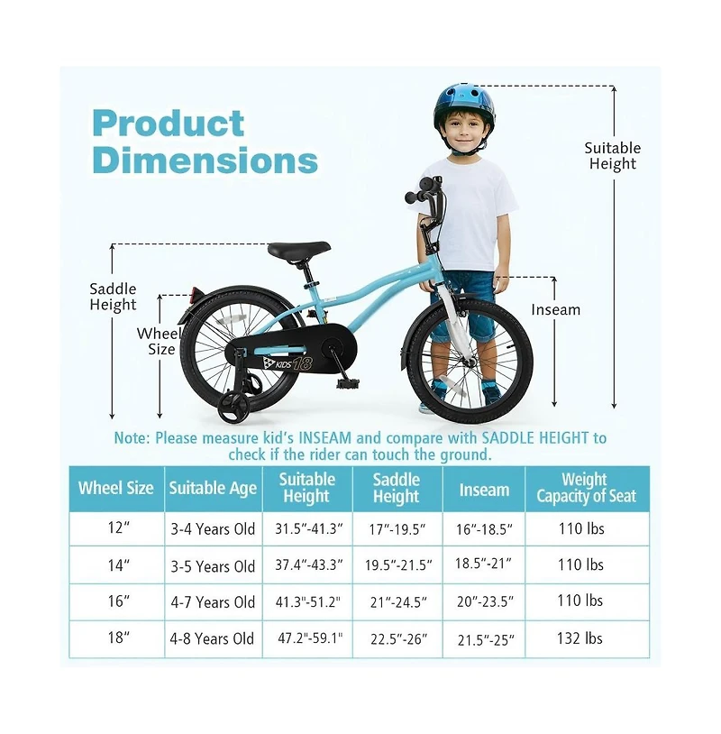 18 Inch Kids Bike for 4-8 Years Old Children Bicycle with Training Wheels