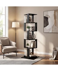 Rainsken 360° Rotating Bookshelf, 5-Tier Floor Standing Bookcase, Modern Display Rack with Acrylic Plate, Anti-toppling Base for Living Room