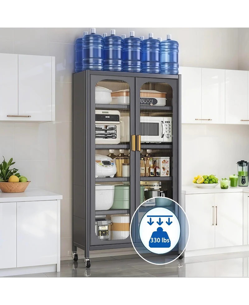 Rainsken 5 Tier Metal Display Storage Cabinet with Transparent Door, Adjustable Shelves and Wheels, Food Pantries Cabinets for Kitchen