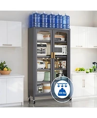 Rainsken 5 Tier Metal Display Storage Cabinet with Transparent Door, Adjustable Shelves and Wheels, Food Pantries Cabinets for Kitchen