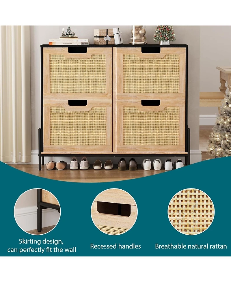 gaomon Narrow Shoe Cabinet with 4 Flip Down Doors Rattan Organizer Freestanding Shoe Rack Adjustable Shelf