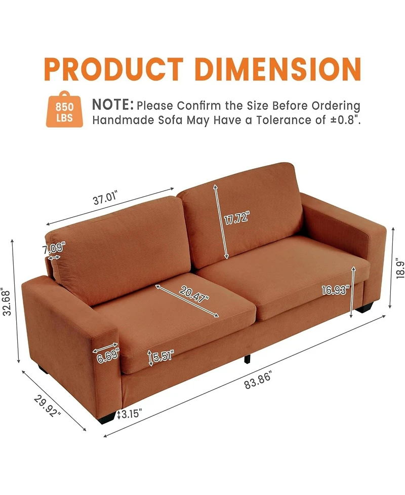 gaomon 84" Oversized Corduroy Loveseat, Modern Deep Seat 2-Seater Sofa with Wide Arms for Living Room