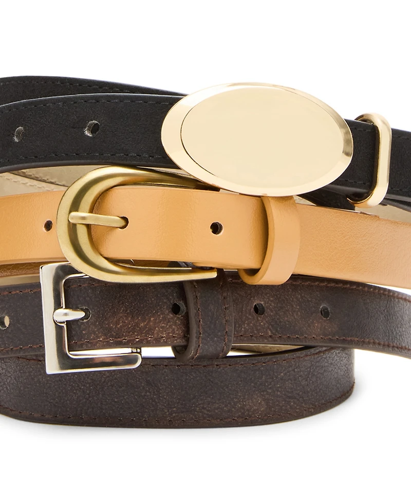 Steve Madden Polyurethane Square, Plaque and Dome Buckle 3-Piece Belt Set