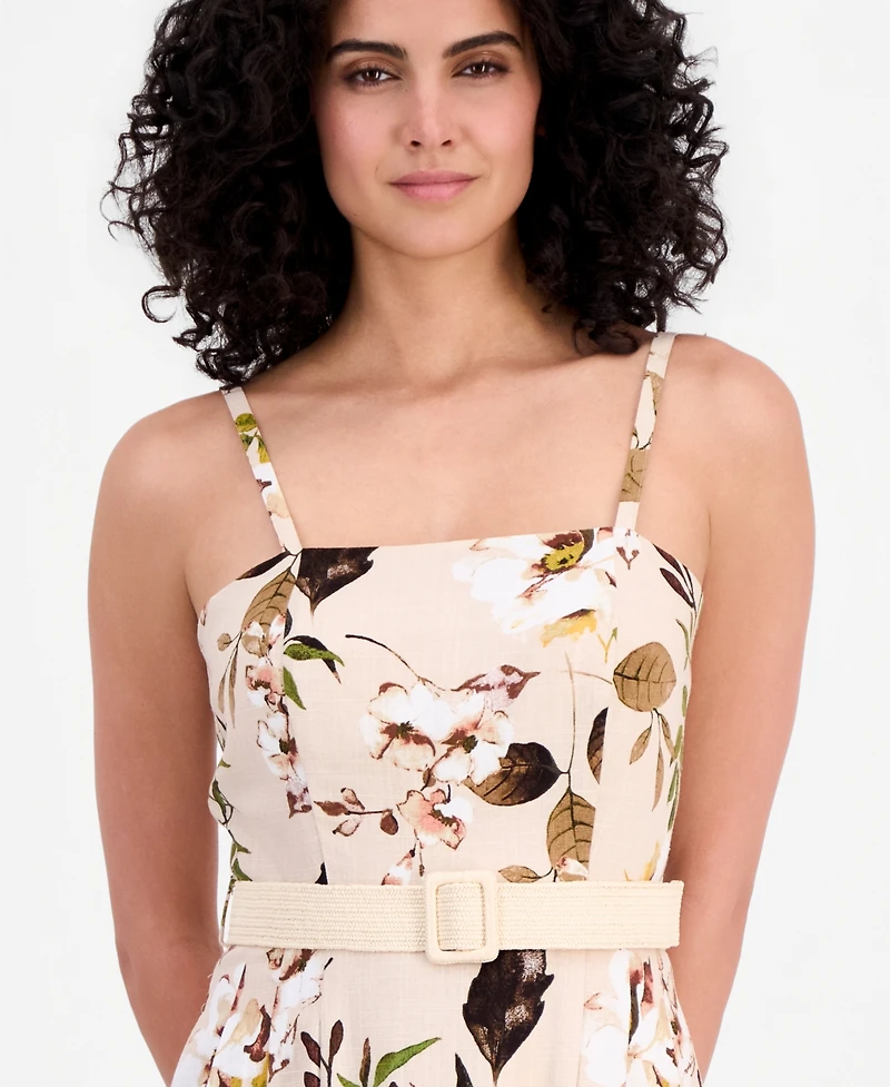Tahari Asl Women's Printed Belted Sleeveless Linen Blend Dress