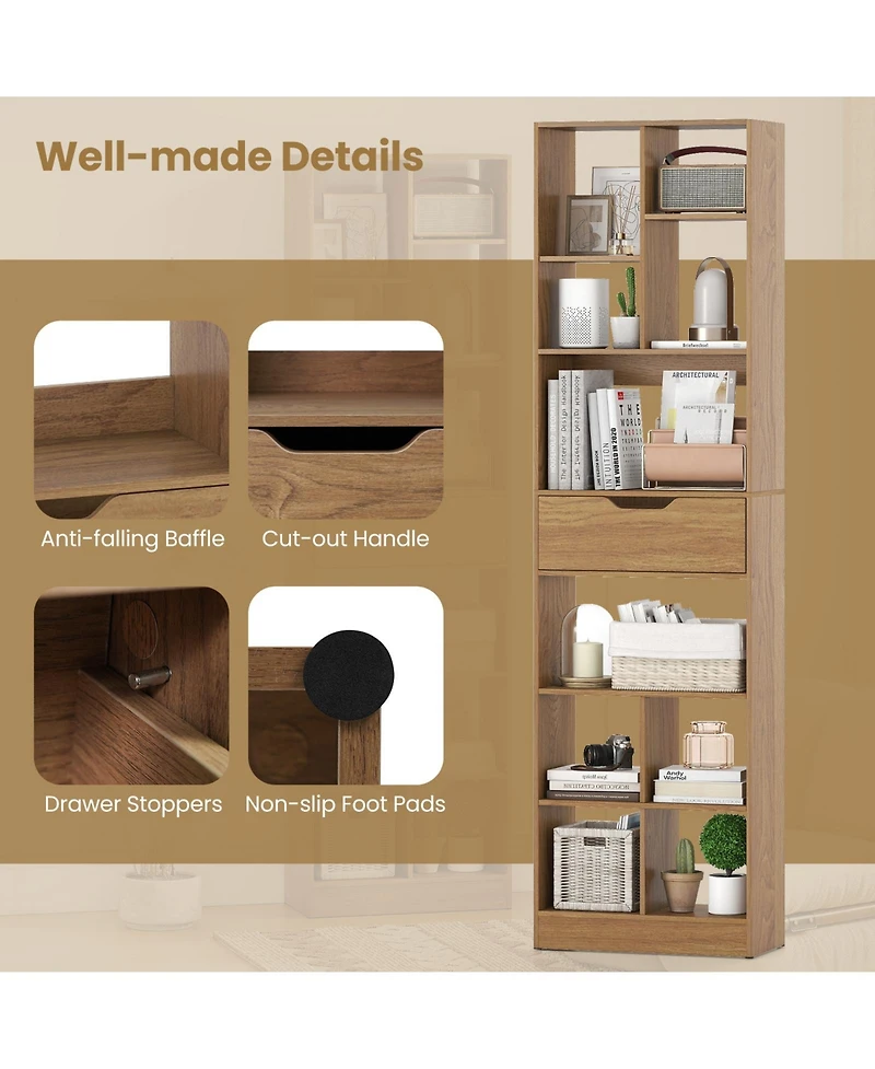 Slickblue 71 Inch Bookcase with Drawer and 10 Storage Compartments