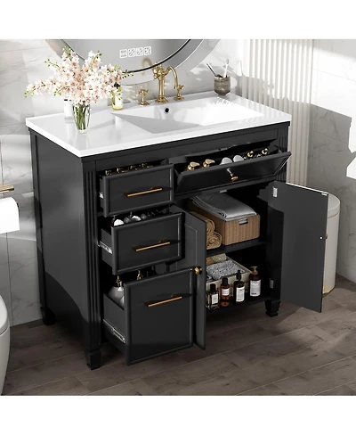 Sillysis 36" Bathroom Vanity with Ceramic Sink, Freestanding Cabinet Tip-Out & Side Drawers, Adjustable Shelf, Modern Storage