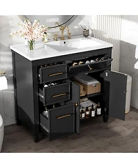 Sillysis 36" Bathroom Vanity with Ceramic Sink, Freestanding Cabinet Tip-Out & Side Drawers, Adjustable Shelf, Modern Storage