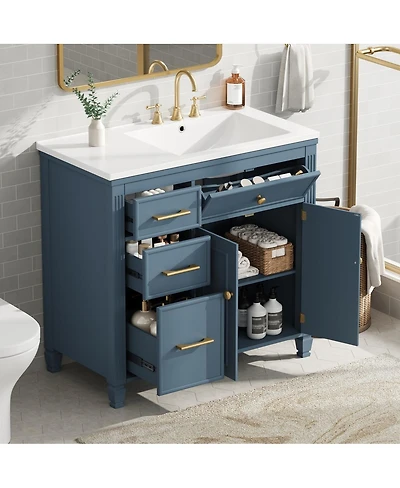 Sillysis 36" Bathroom Vanity with Ceramic Sink, Freestanding Cabinet Tip-Out & Side Drawers, Adjustable Shelf, Modern Storage.