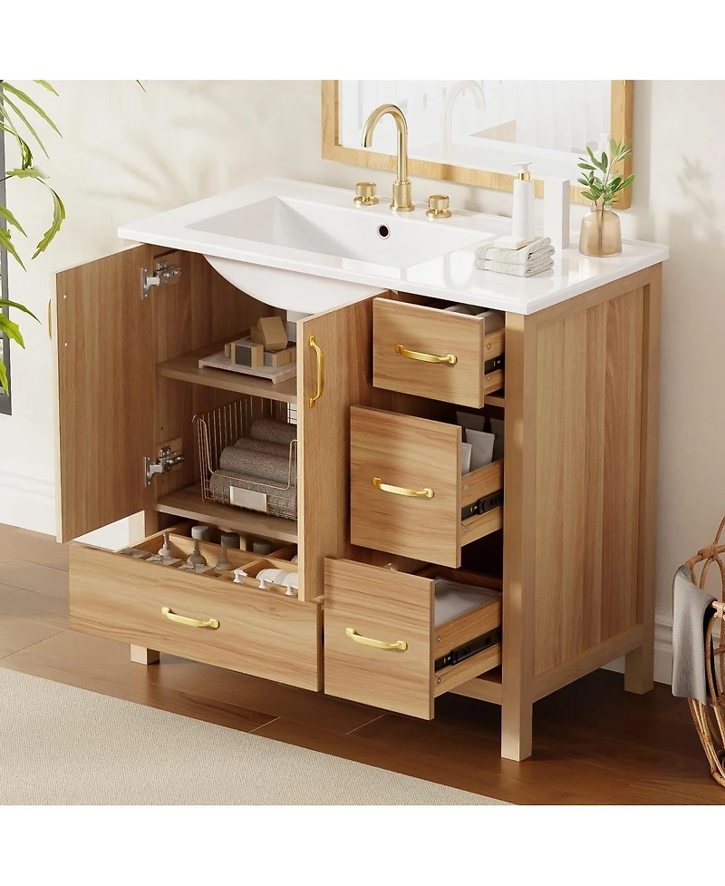 Sillysis 36 Inch Bathroom Vanity with Ceramic Sink, Solid Wood & Mdf, 4 Soft Close Drawers, Ample Storage for Small Spaces