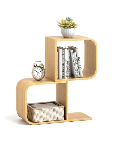Sugift 2-Tier S-Shaped Bamboo Bookcase with 2 Open Cubes for Living Room